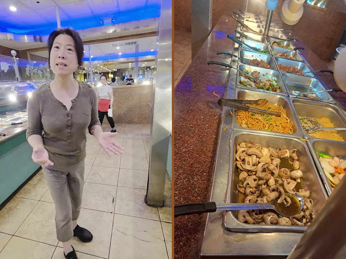 Buffet trays with Chinese dishes under warm lights