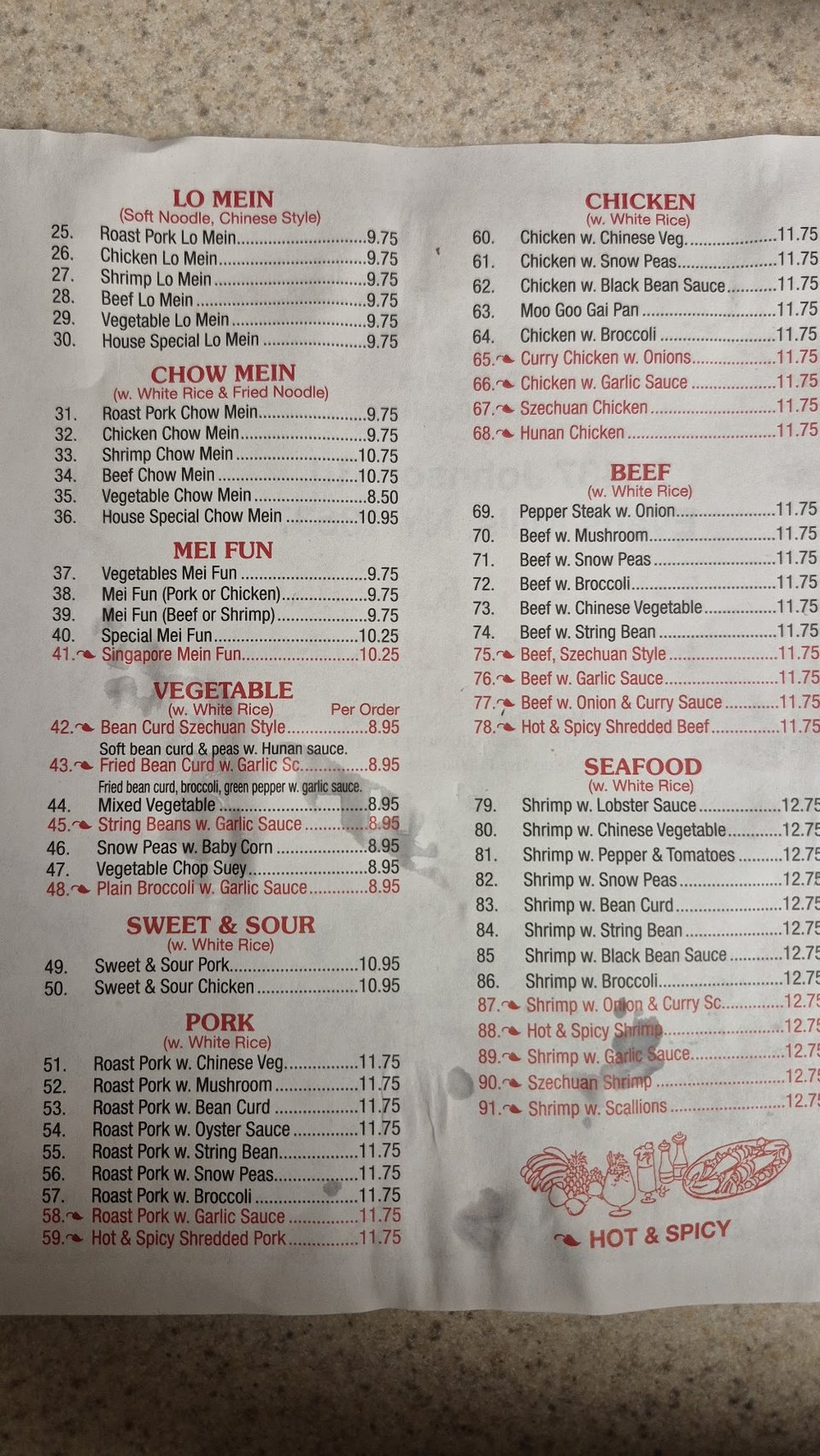 Printed menu listing chow mein and sweet and sour dishes